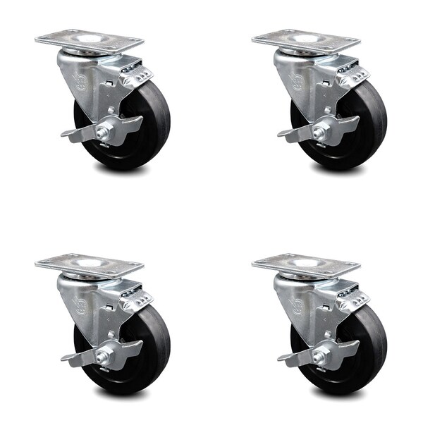 Service Caster 4 Inch Soft Rubber Wheel Swivel Top Plate Caster Set with Brake SCC-20S414-SRS-TLB-TP3-4 - main